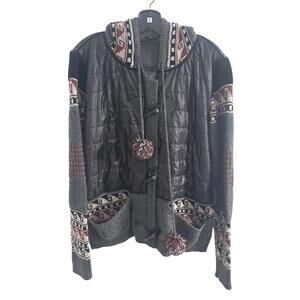 Tricotto Gray Black Red Fair Isle Knit Details Quilted Toggle Zip Jacket - XL